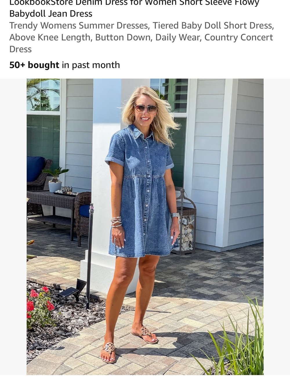 Denim Button-Front Short Sleeve Babydoll Dress - Blue